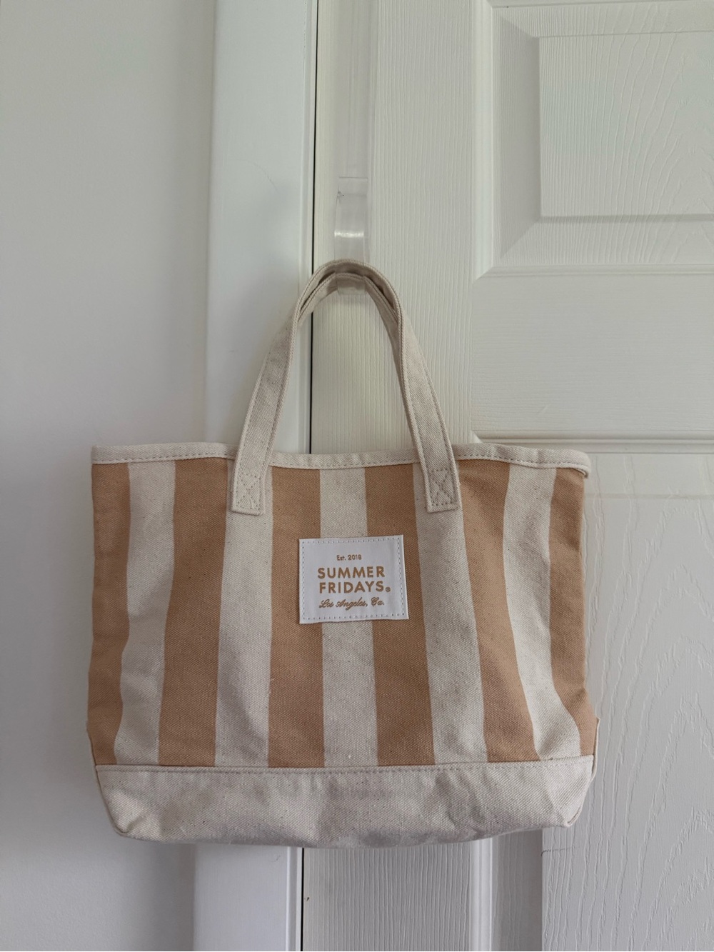 Summer Fridays Tan & Cream Striped Canvas Tote